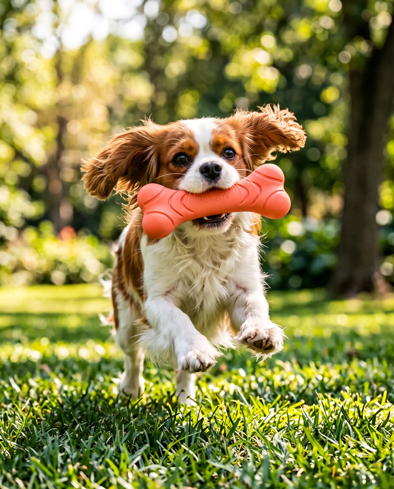 Cavalier King Charles spaniel running through grass with a coral PetJoy bone in its mouth