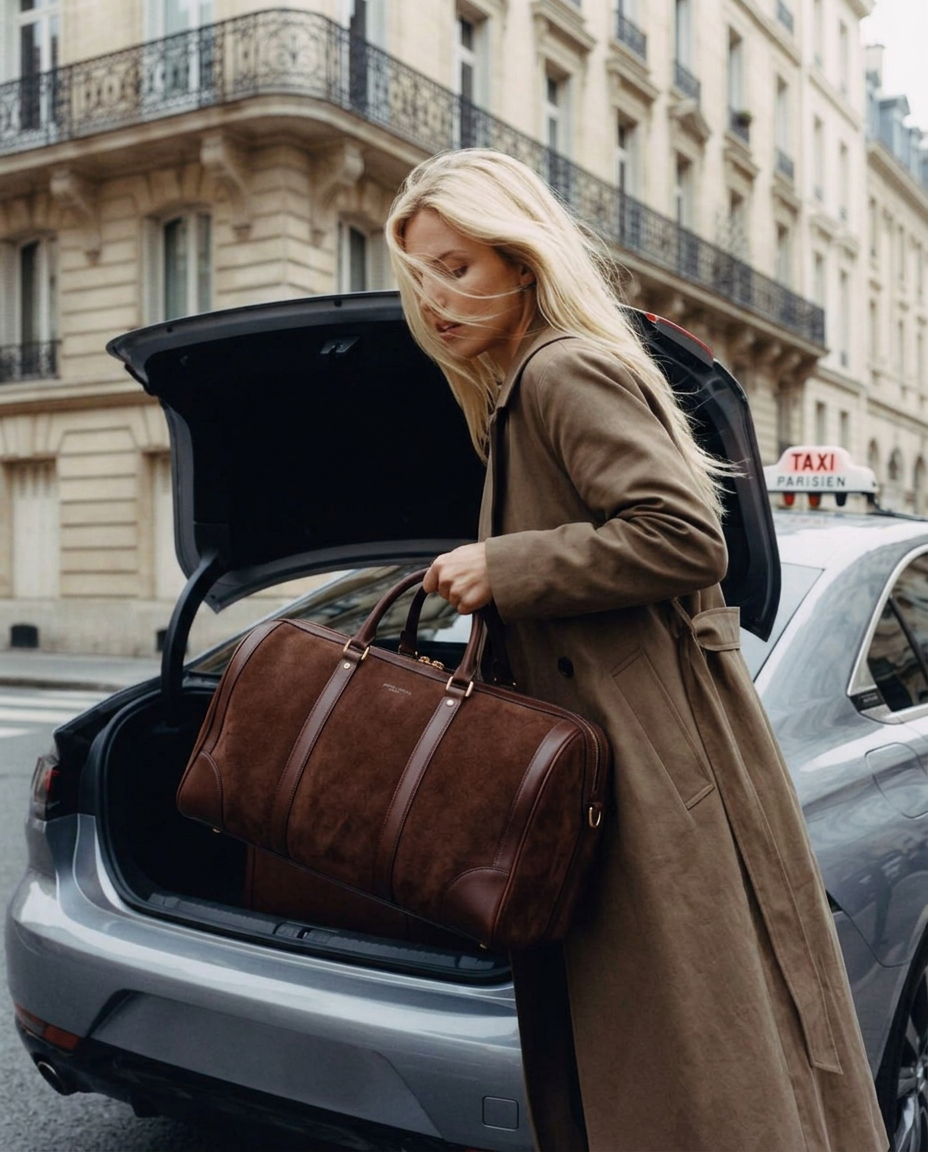 Blonde model in a brown trench coat loading a brown suede duffle bag into a Parisian taxi trunk
