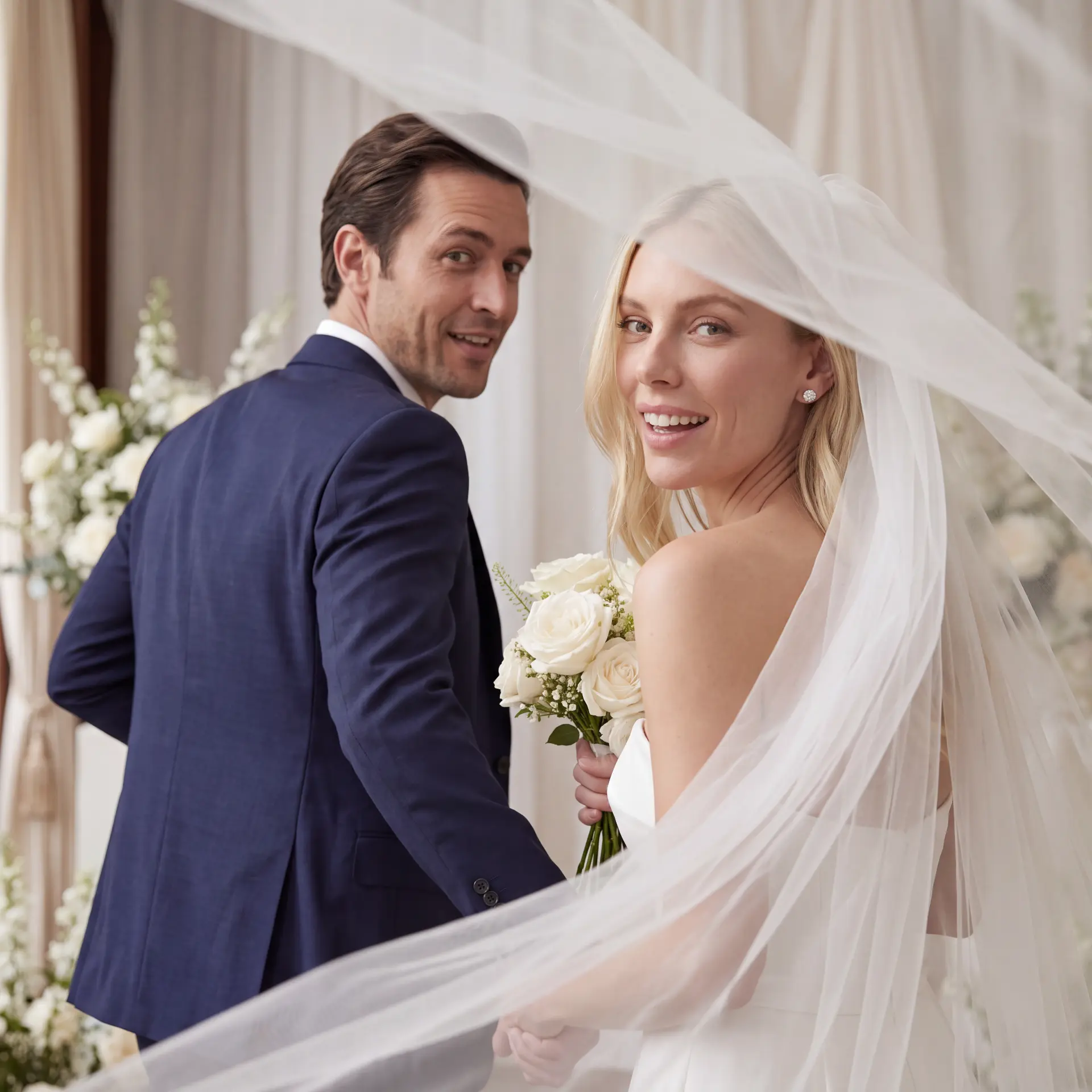 Bride and groom walking together, looking back over their shoulders with smiles