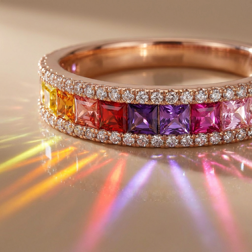 Rainbow gemstone rose gold eternity ring with diamond pavé