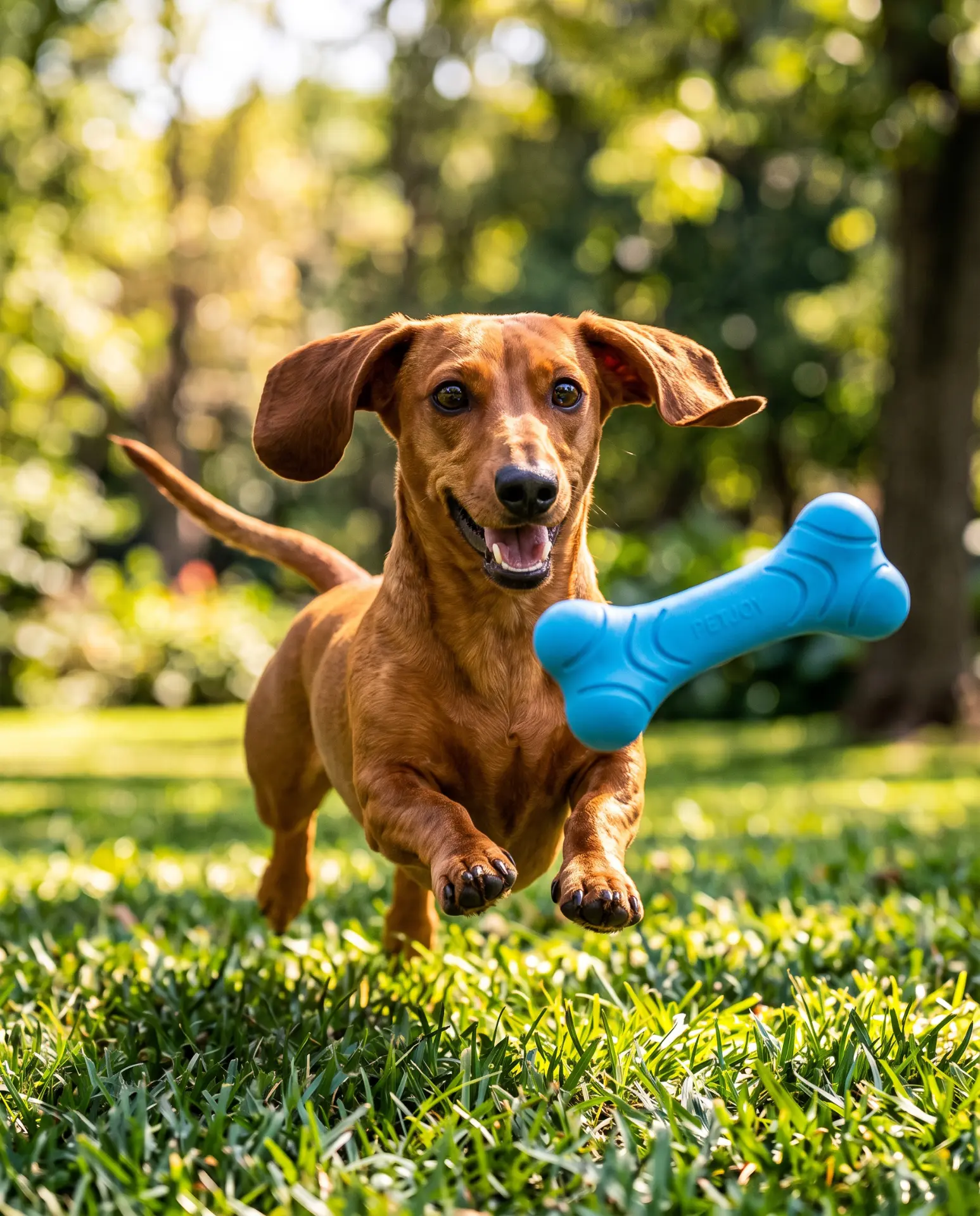 Happy dachshund leaping through grass with a blue PetJoy bone toy in its mouth