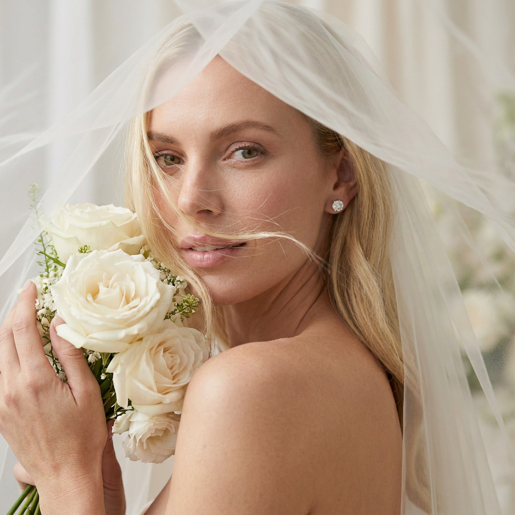 Bride in veil holding white roses with diamond stud earrings