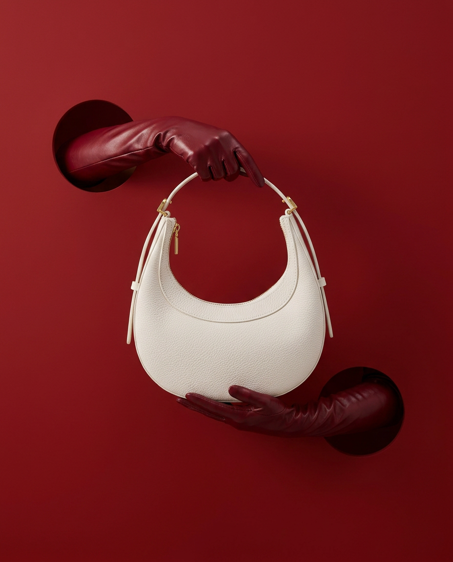 Deep red leather handbag on model's legs in black stiletto heels against a red backdrop, alternate angle