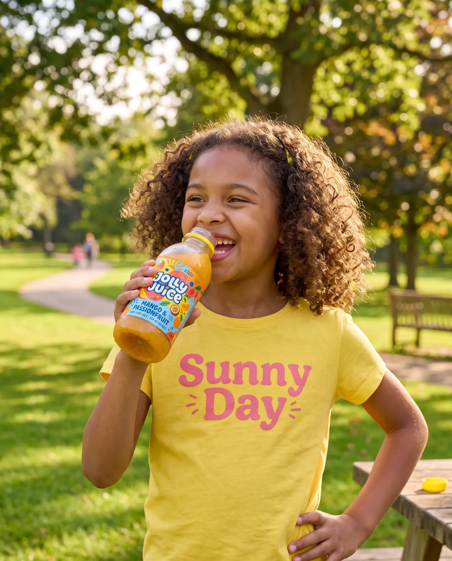 Smiling girl in a Sunny Day yellow shirt drinking a Jolly Juice mango passionfruit bottle in a sunny park
