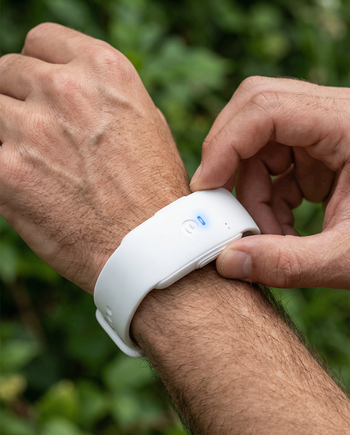 Close-up of hands pressing the button on a white ellu wristband outdoors