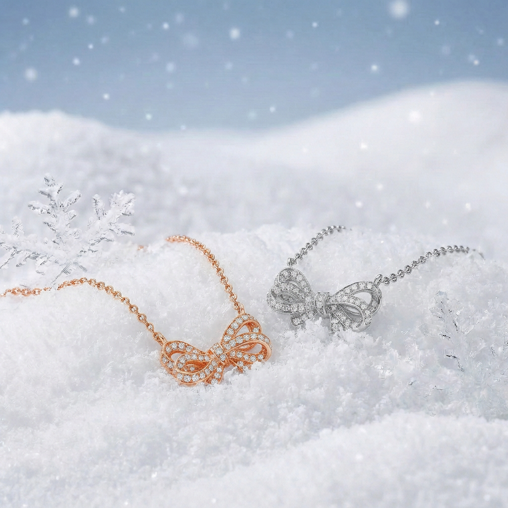 Rose gold and silver diamond bow necklaces resting in snow