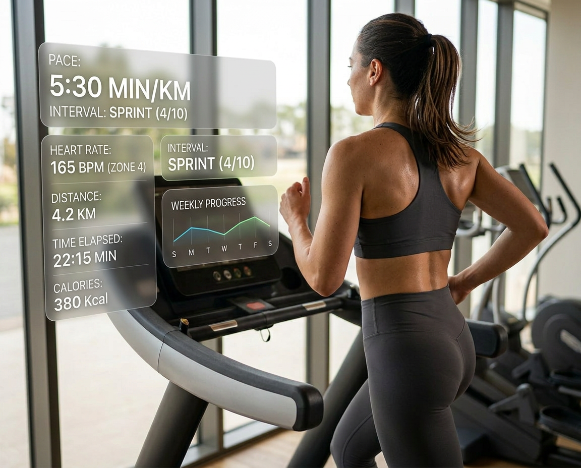 Woman running on treadmill with holographic pace, heart rate and weekly progress HUD