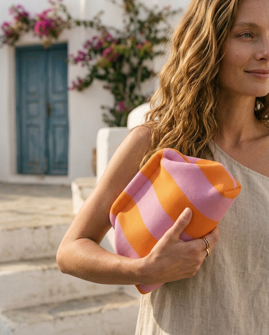 Woman in a linen dress holding an orange and pink striped canvas clutch on a sunlit Mediterranean street