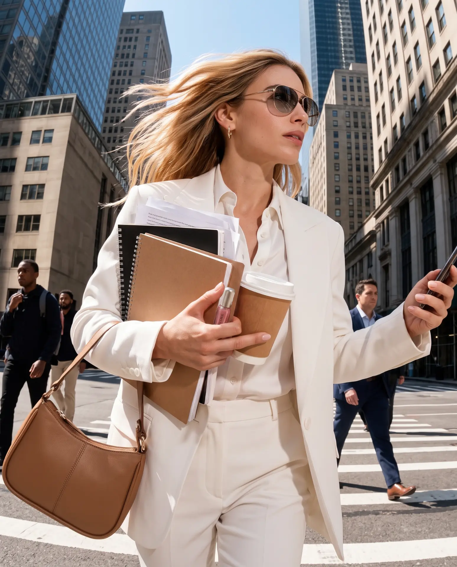 Woman in a white suit crossing a sunlit city street holding notebooks, coffee and a VELORA lip gloss