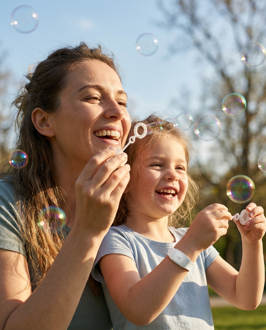 Mother and daughter blowing bubbles outdoors, child wearing a white ellu wristband