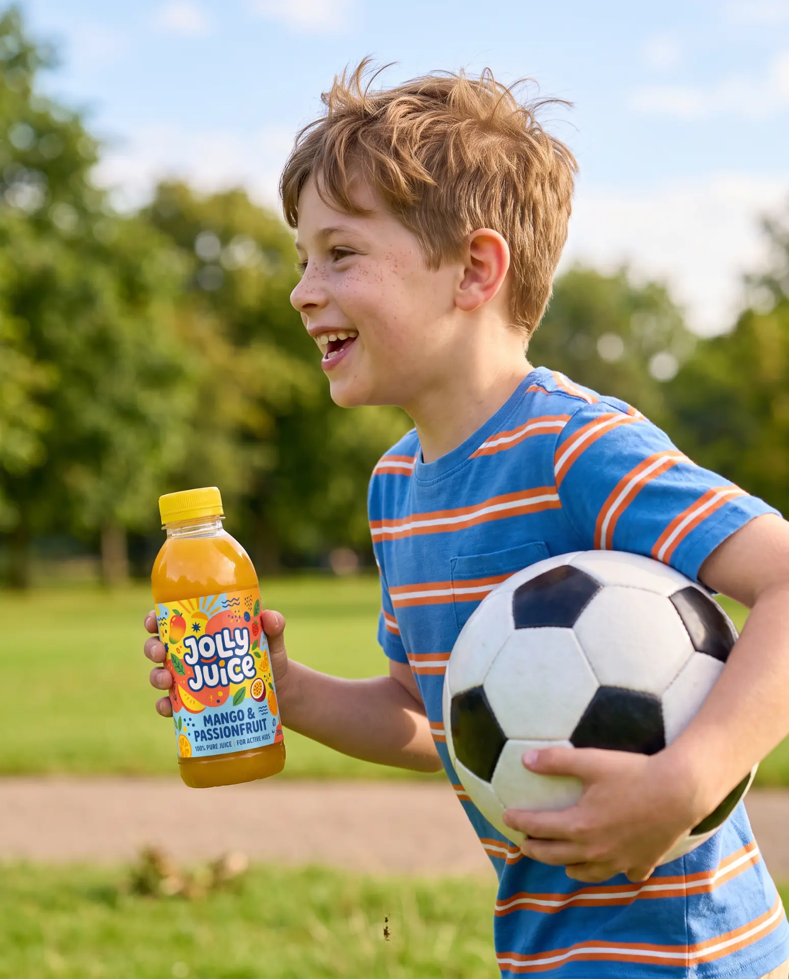 Smiling boy in a striped blue shirt holding a Jolly Juice mango passionfruit bottle and a soccer ball outdoors