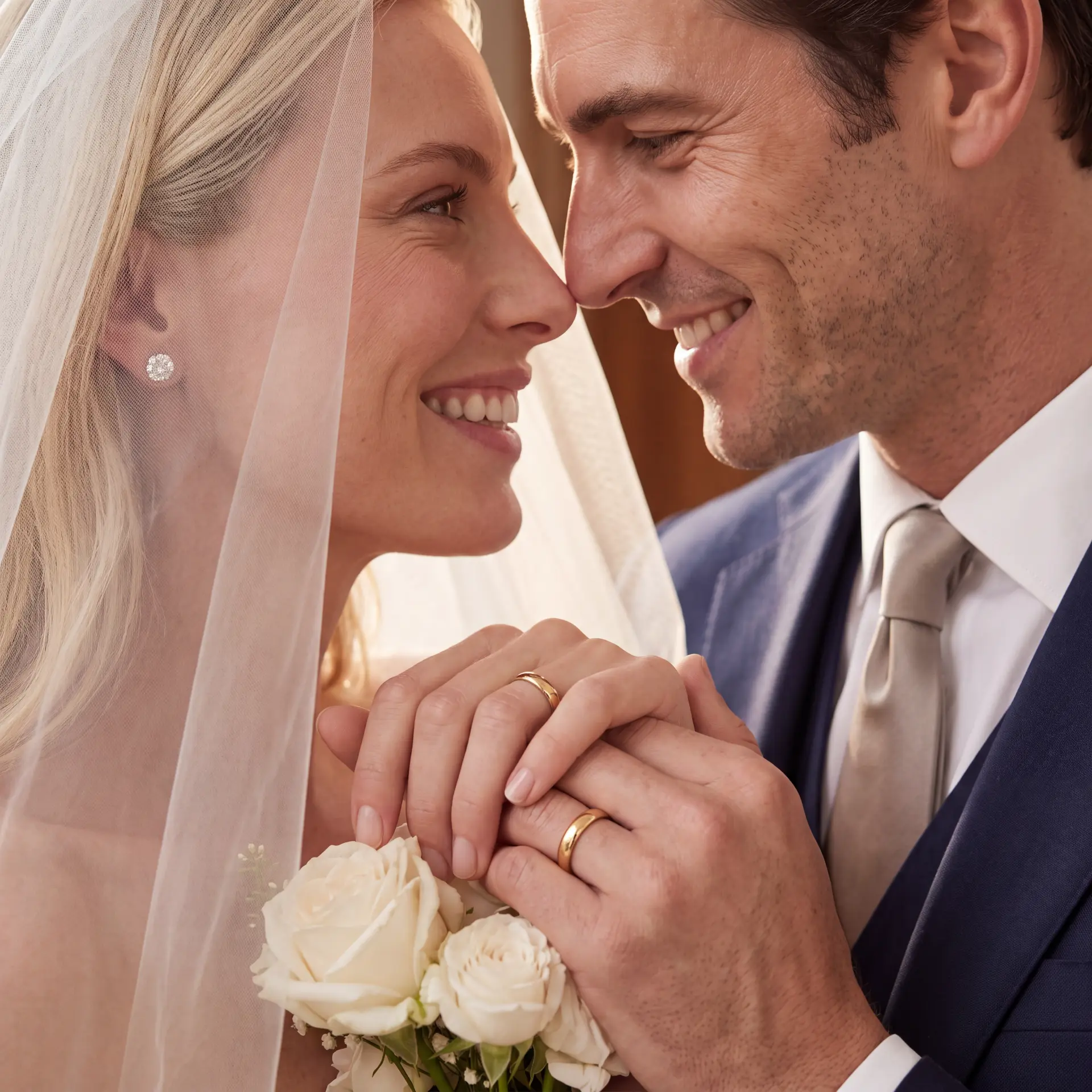 Bride and groom in close profile, noses almost touching, hands clasped with gold wedding bands