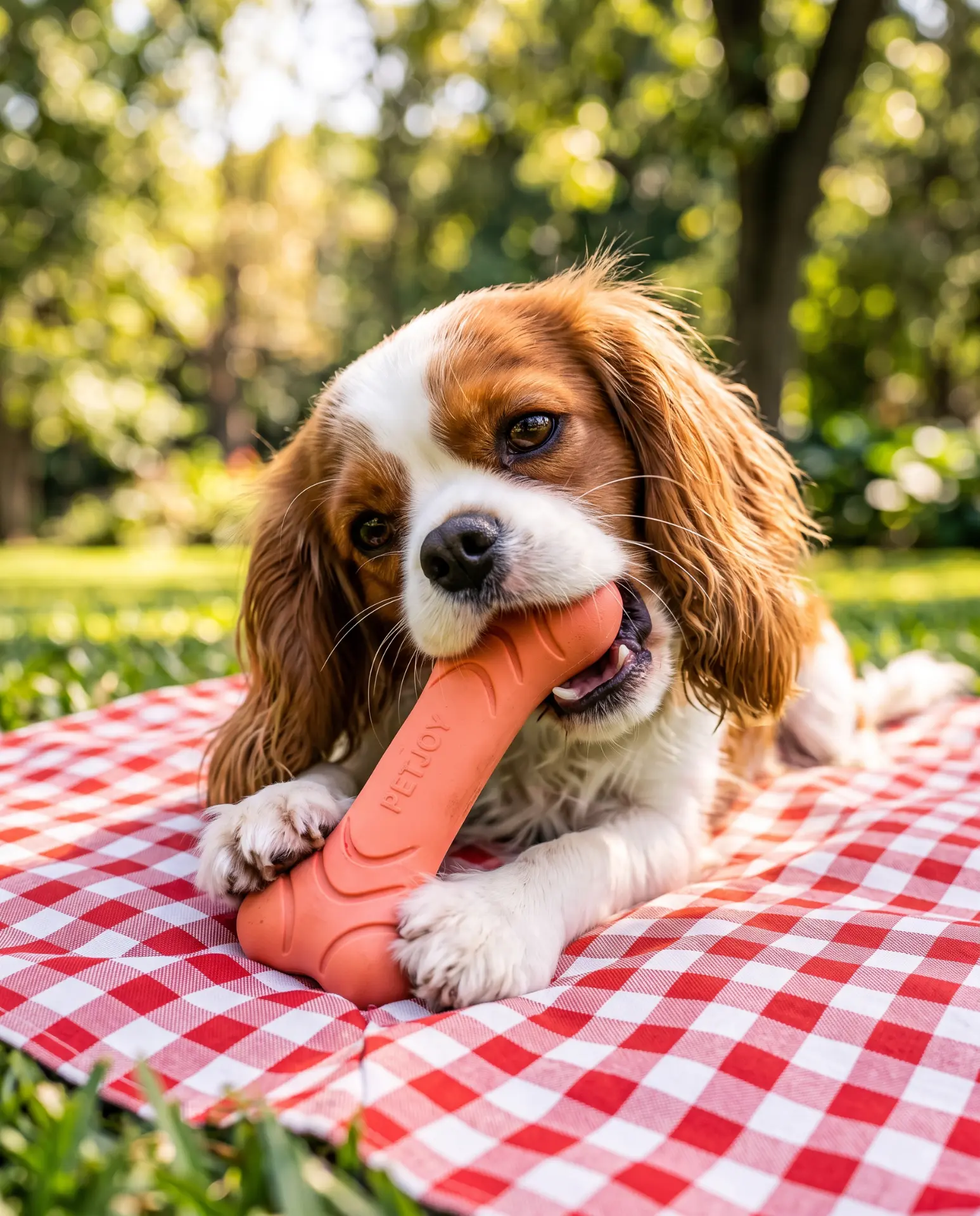 Cavalier King Charles spaniel chewing a coral PetJoy bone on a red gingham picnic blanket in a sunny park