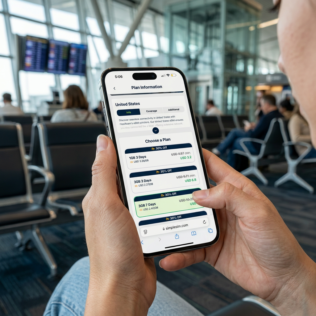Traveler at airport gate viewing SimpleSim eSIM plans on phone