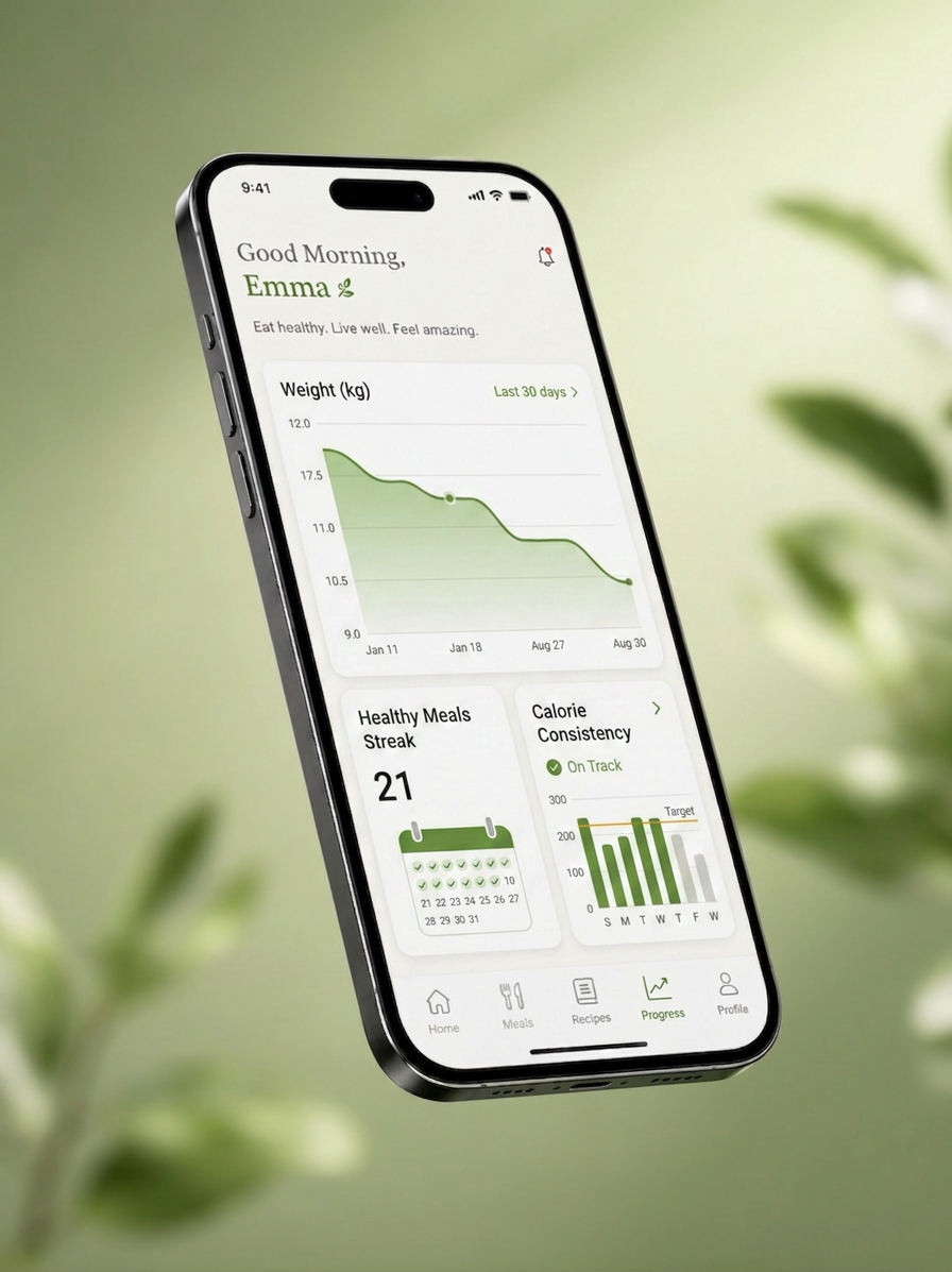 Healthy eating app progress tracking screen shown on iPhone against soft green foliage