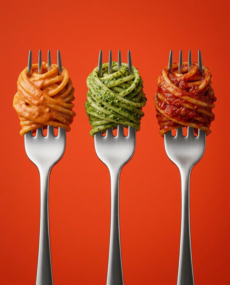 Three forks of Delizia pasta with tomato, pesto, and arrabbiata sauces against a warm red background