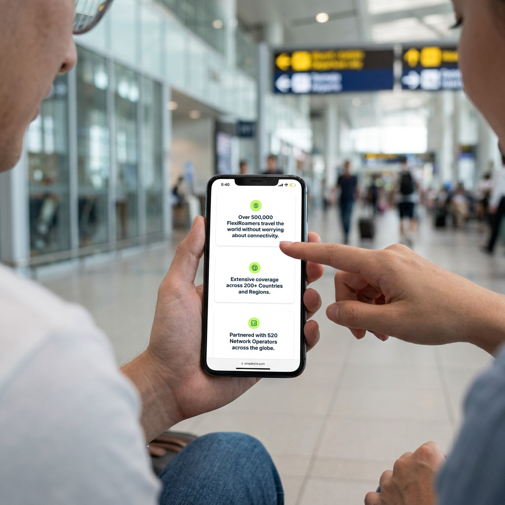 Hands holding phone at airport showing SimpleSim FlexiRoamer features