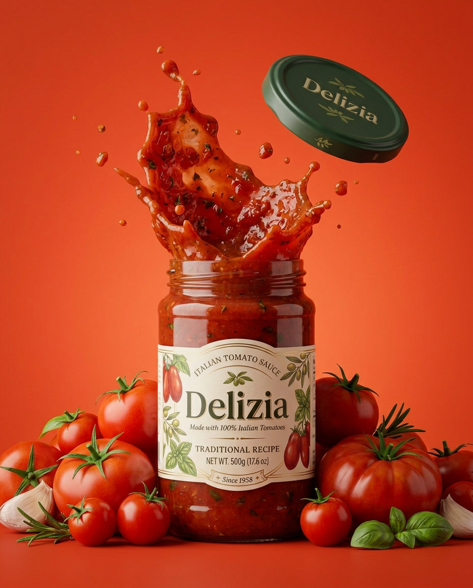 Delizia Italian tomato sauce jar with a splash of sauce and the lid flying off, surrounded by fresh tomatoes, basil, and garlic on a warm red background