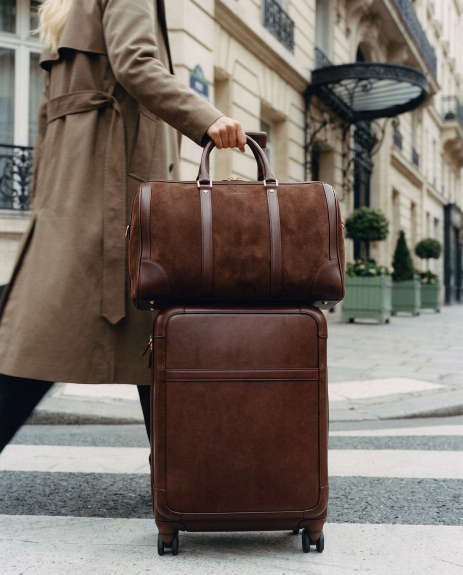 Model in a brown trench coat holding a brown suede duffle stacked on a leather suitcase on a Parisian street