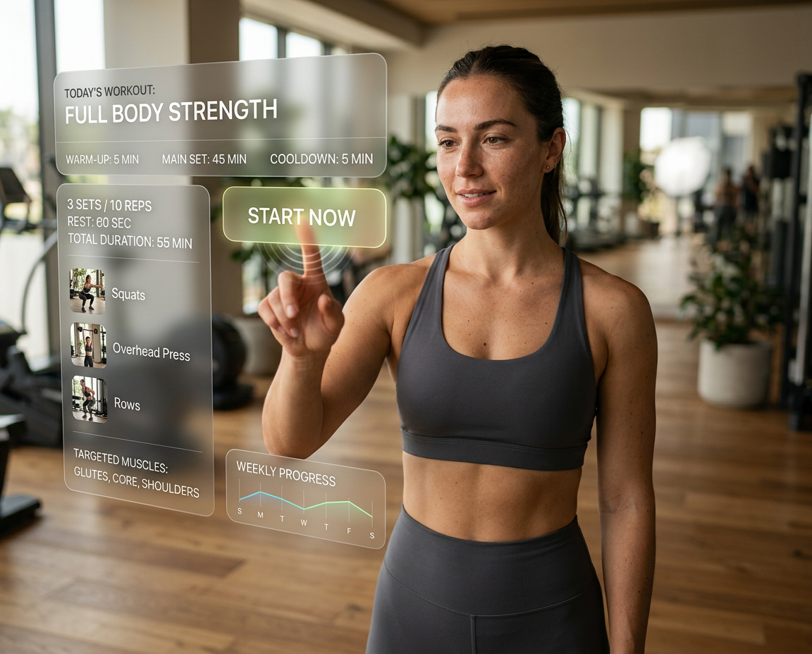 Woman in gym interacting with a holographic full body strength workout interface