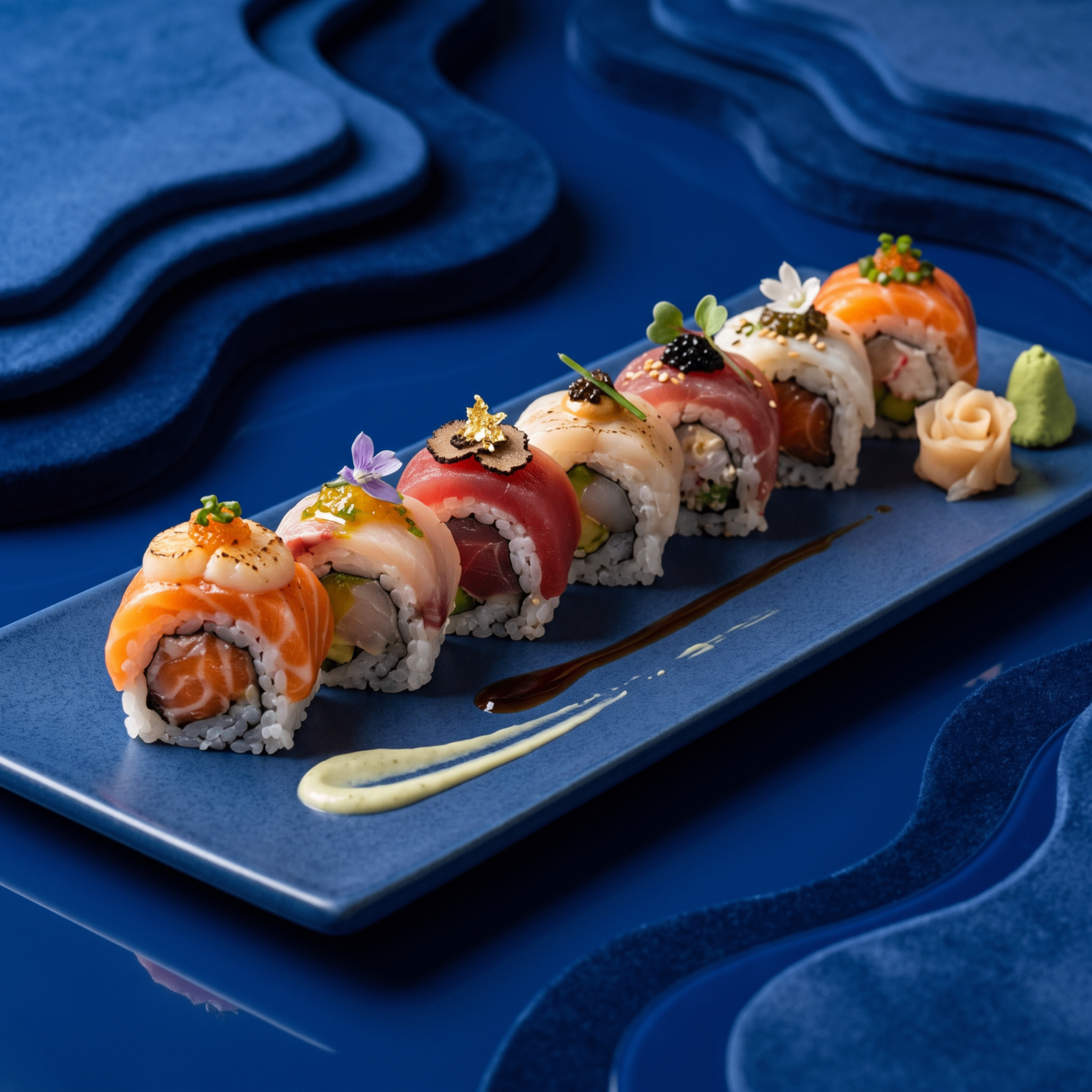Premium sushi roll assortment on a blue ceramic plate with caviar, gold leaf, and truffle garnish