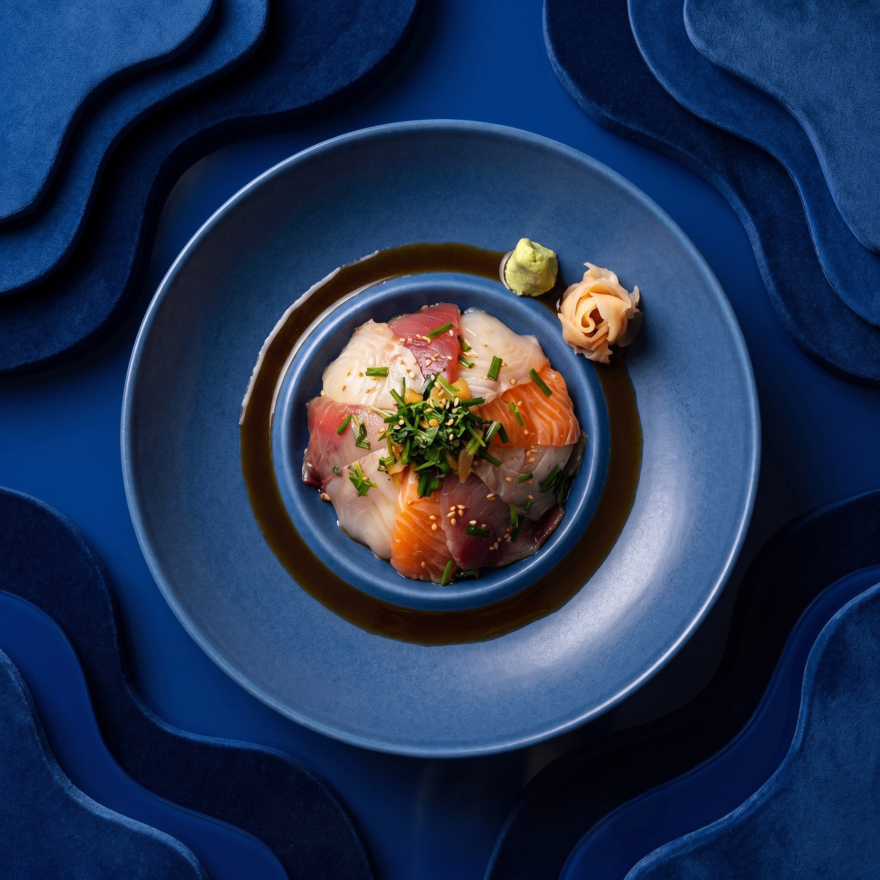 Fresh sashimi bowl with assorted fish, sesame, and chives on a deep blue ceramic plate