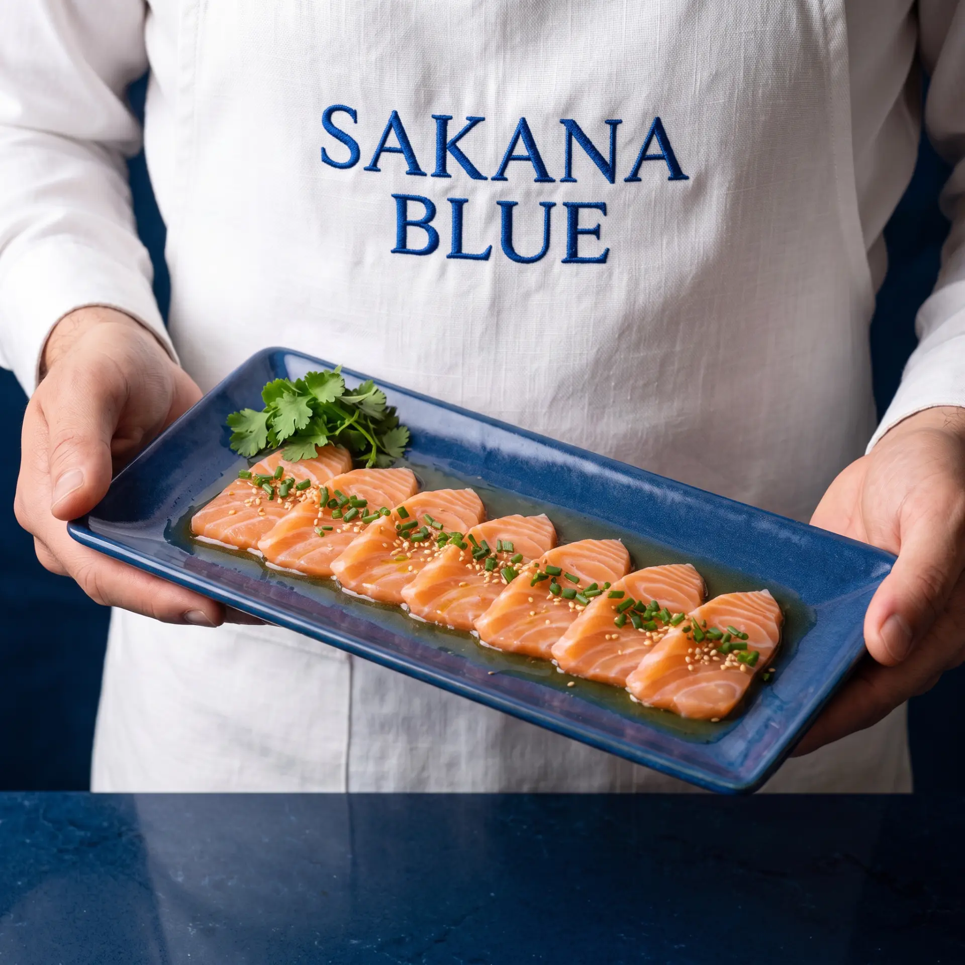 Chef holding a deep blue plate of salmon sashimi with sesame, chives, and cilantro, wearing a SAKANA BLUE apron