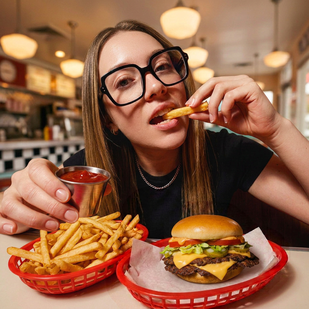 Woman in a diner eating a fry with a cheeseburger and fries in red baskets in front of her