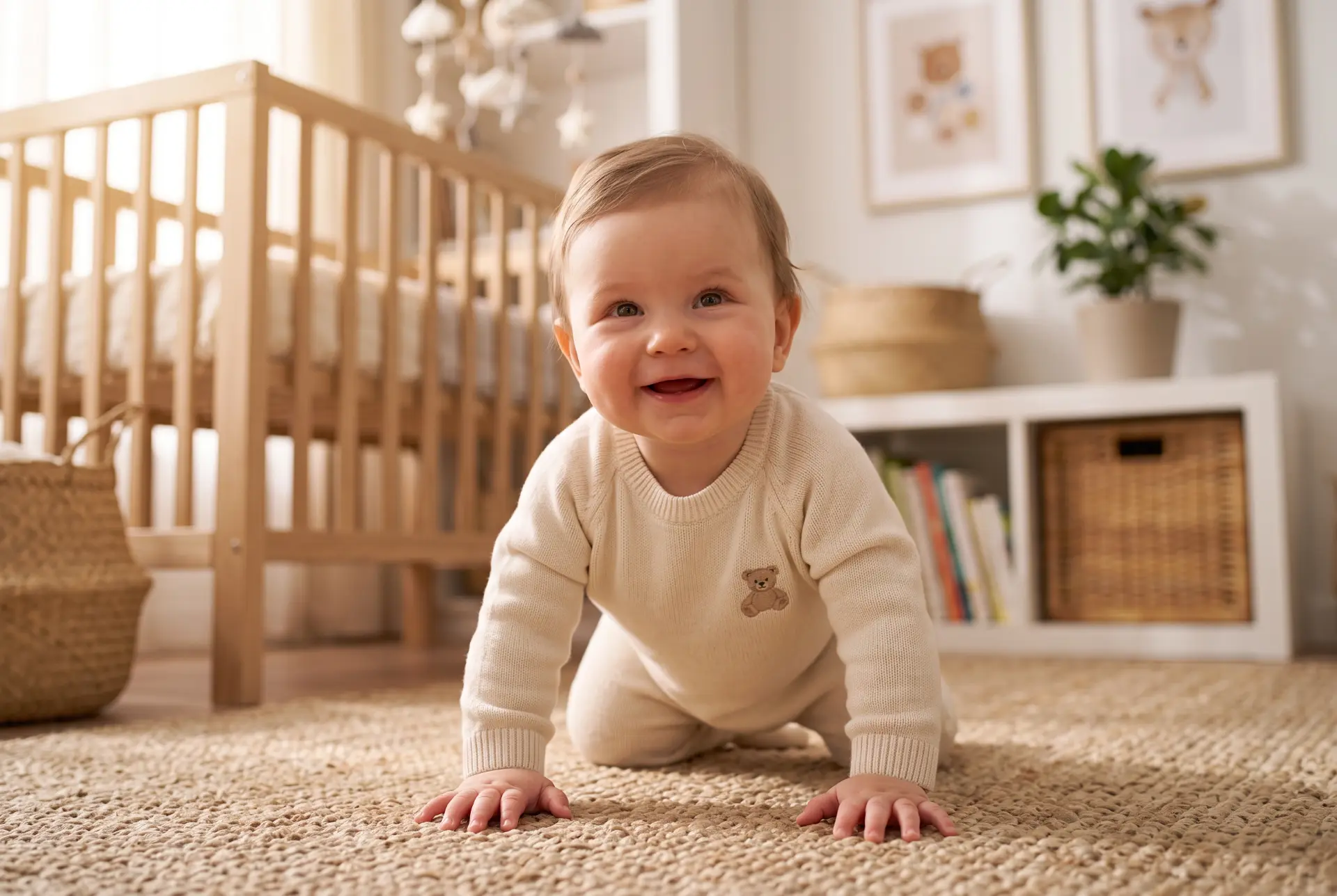 Happy baby crawling on a woven rug in a warm nursery with a natural wood crib
