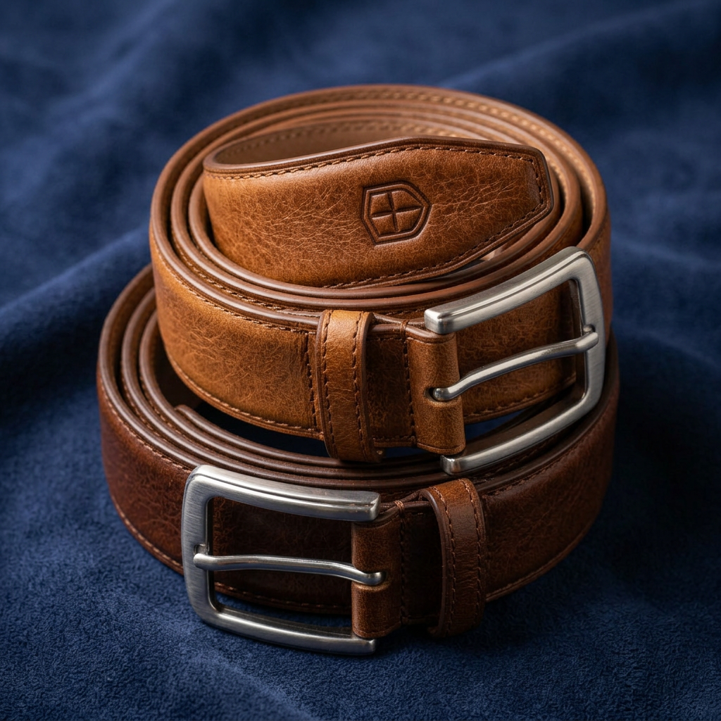 Two stacked tan leather belts with brushed silver buckles on a deep navy fabric backdrop