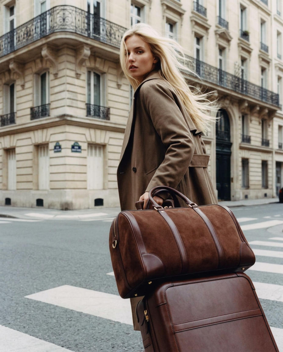 Blonde model in a brown trench coat carrying a brown leather duffle and suitcase across a Parisian crosswalk