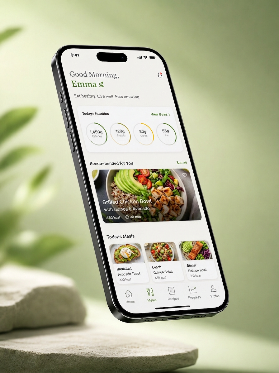 Healthy eating app dashboard shown on iPhone with daily nutrition rings and meal recommendations