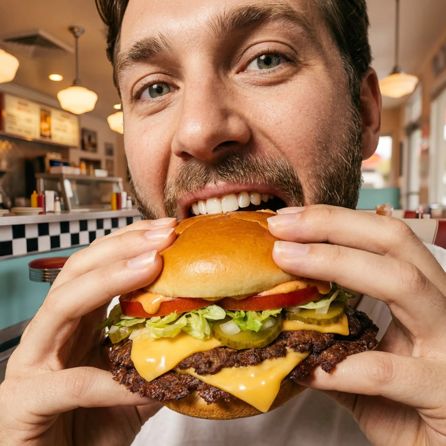 Man taking a big bite out of a loaded double cheeseburger in a warm diner setting