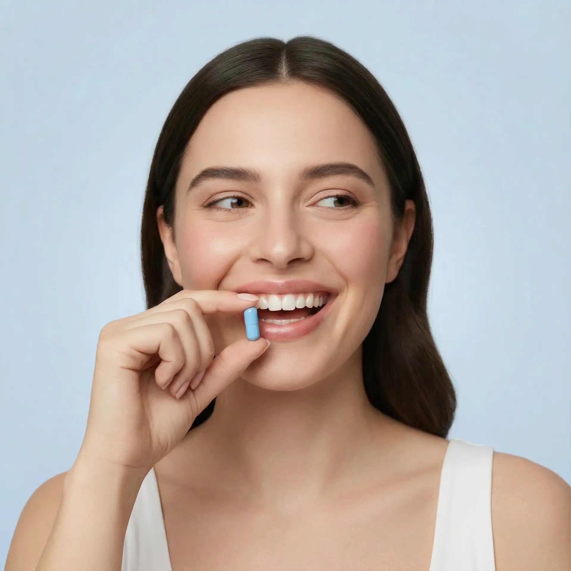 Woman smiling while holding a blue capsule to her mouth on a light blue background