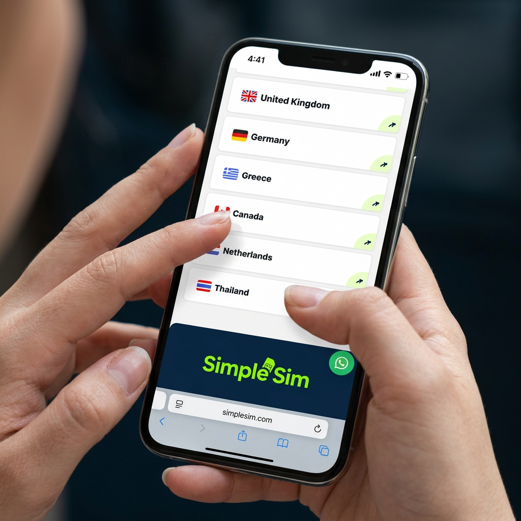 Hands holding a phone showing the SimpleSim country selection app