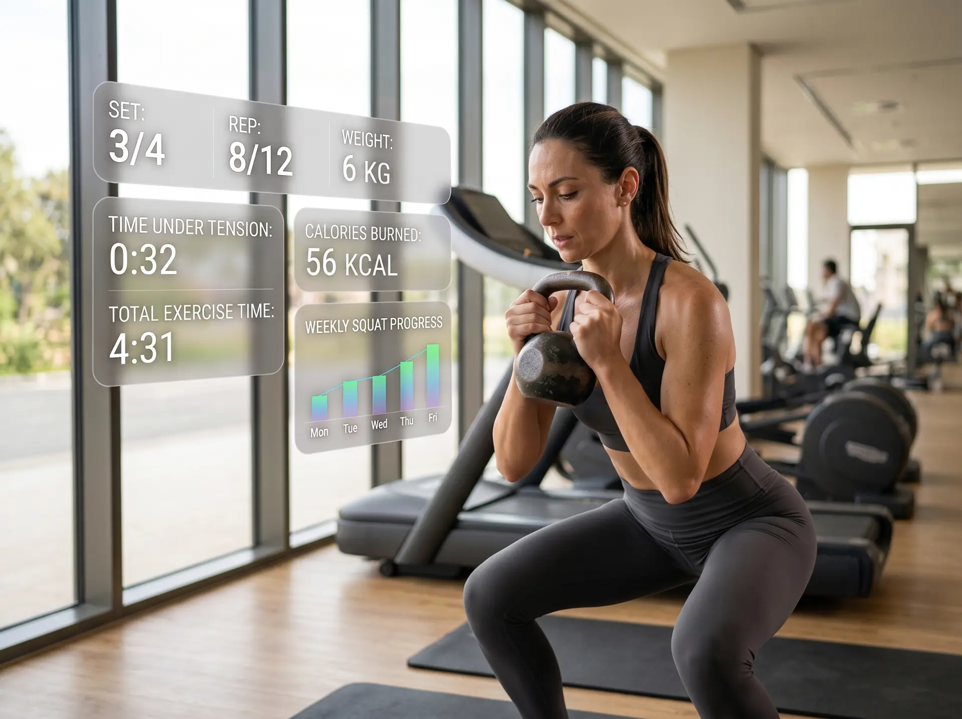 Woman performing a goblet squat in a modern gym with floating holographic workout data panels showing reps, set, calories and weekly progress