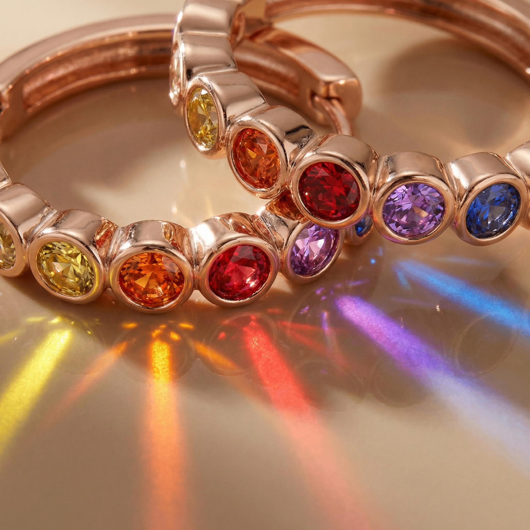 Rainbow gemstone rose gold hoop earrings