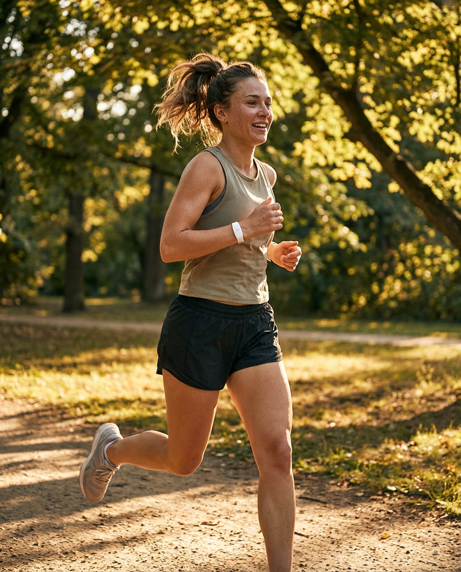 Young woman running through a sunlit park wearing a white ellu wristband
