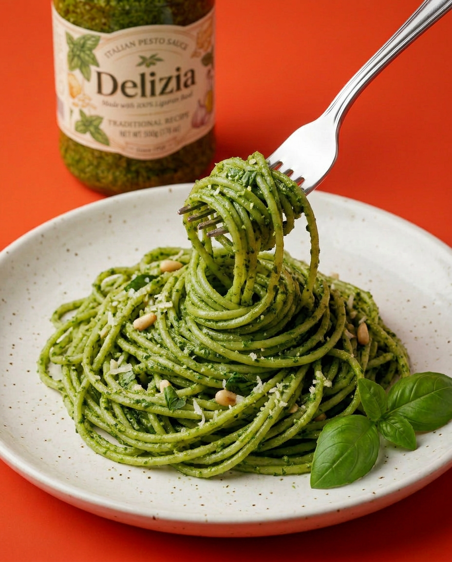 Plate of pesto pasta with a fork twirling spaghetti, Delizia pesto sauce jar in the background on a warm red surface