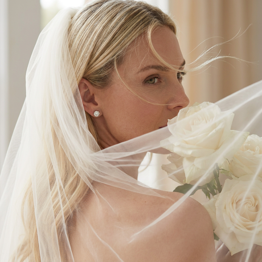 Bride in veil with white roses and diamond stud earrings