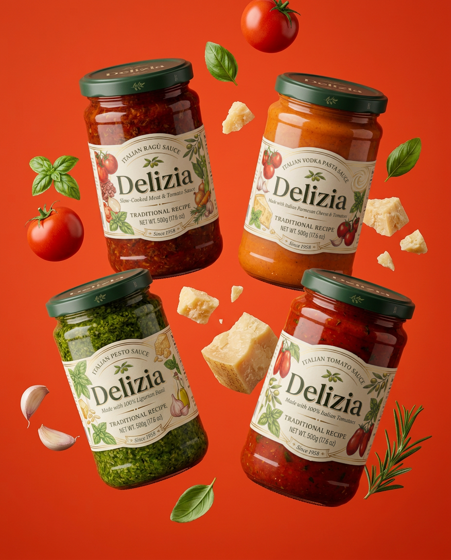 Four glass jars of Delizia Italian pasta sauces arranged on a warm red background with tomatoes, basil, and parmesan