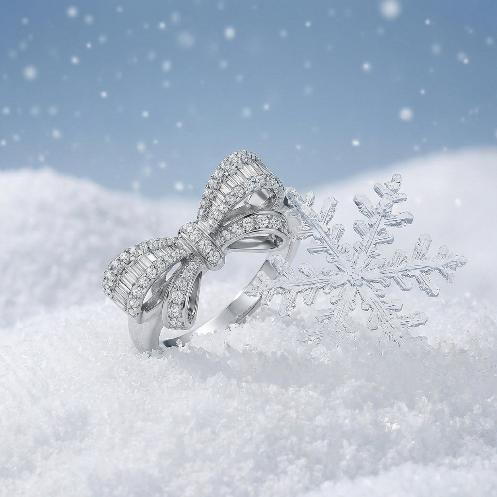 Diamond bow ring resting in snow with a crystal snowflake