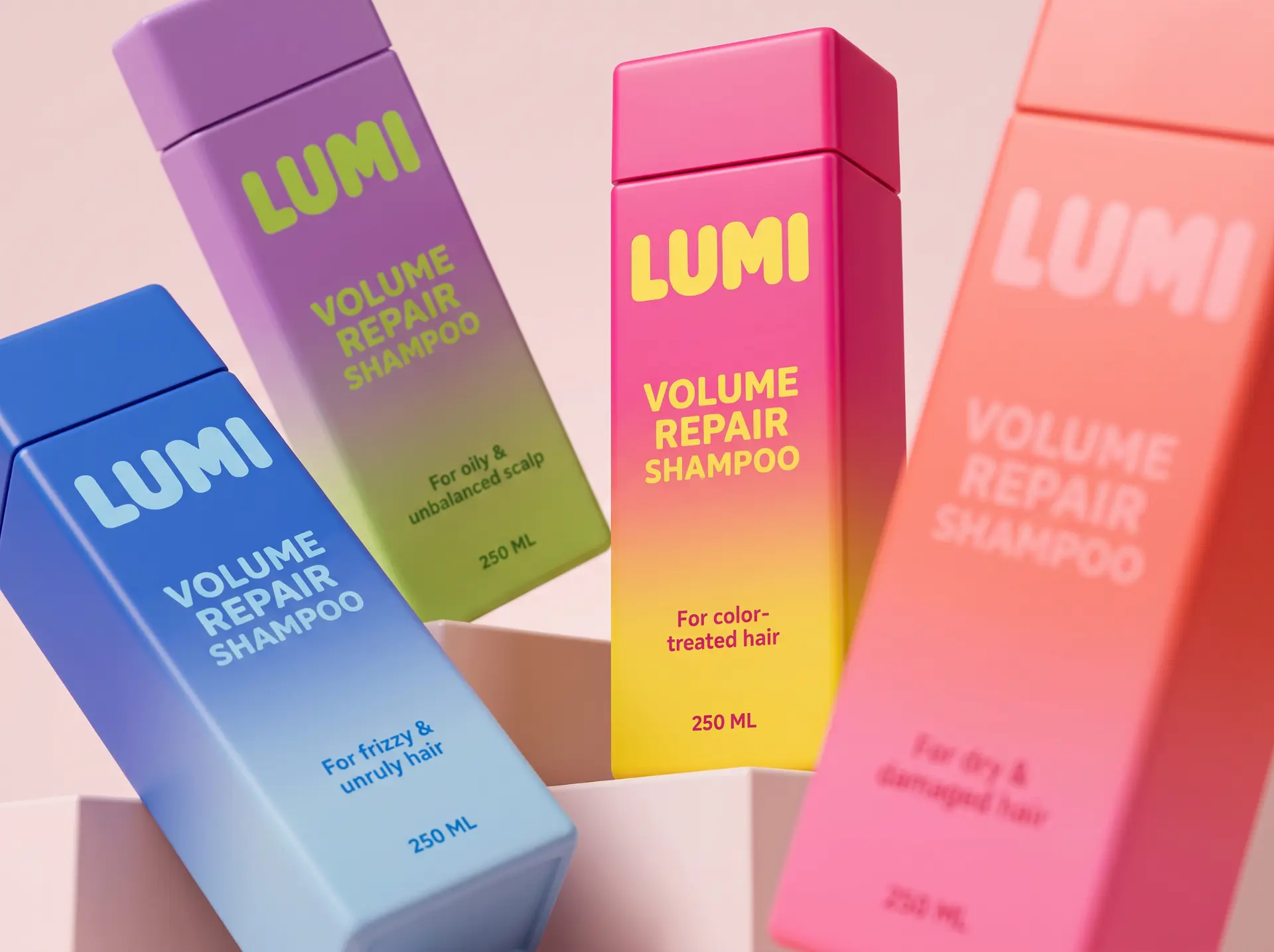 Colorful LUMI Volume Repair shampoo bottles arranged on blush pedestals