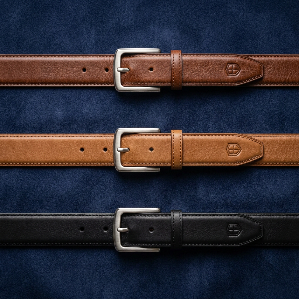 Three leather belts—cognac, tan and black—arranged in parallel on a deep navy suede background