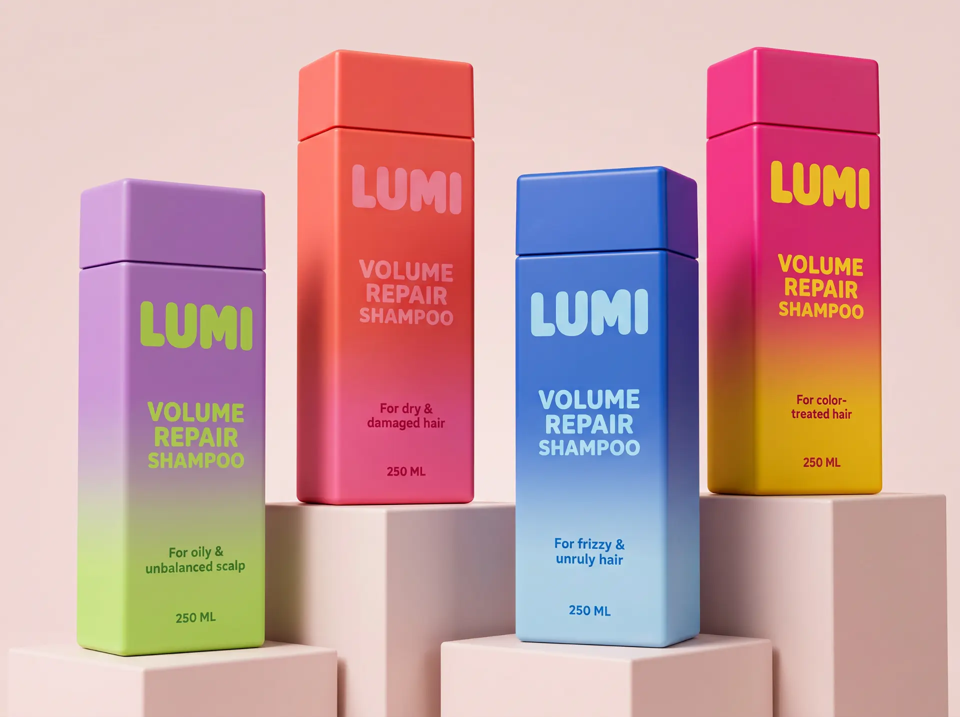 Four LUMI Volume Repair shampoo bottles standing on blush podiums