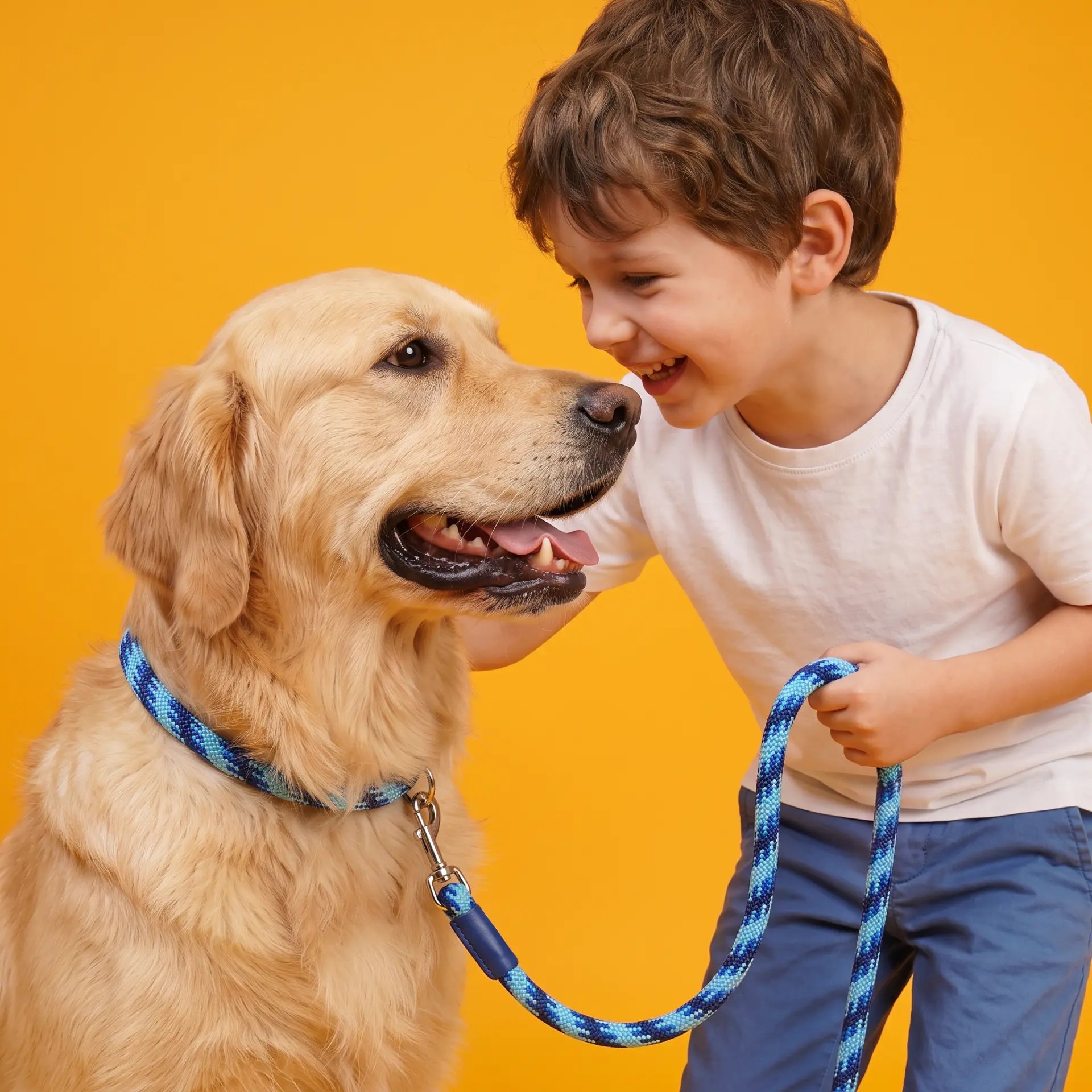 Boy smiling face to face with a golden retriever wearing a blue rope collar and leash on a yellow backdrop