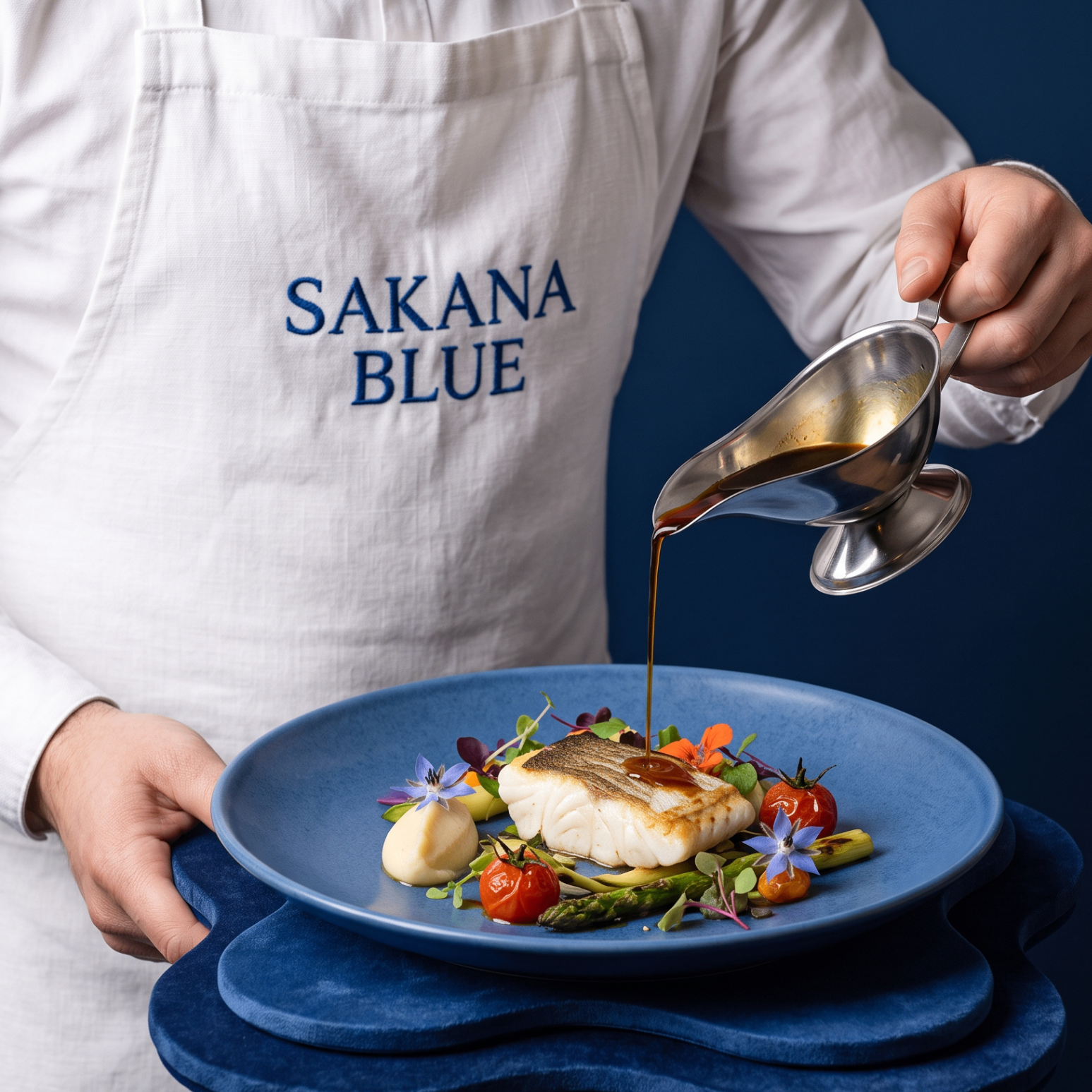 Chef pouring sauce over a plated Merluza fish dish with vegetables and edible flowers on a blue plate