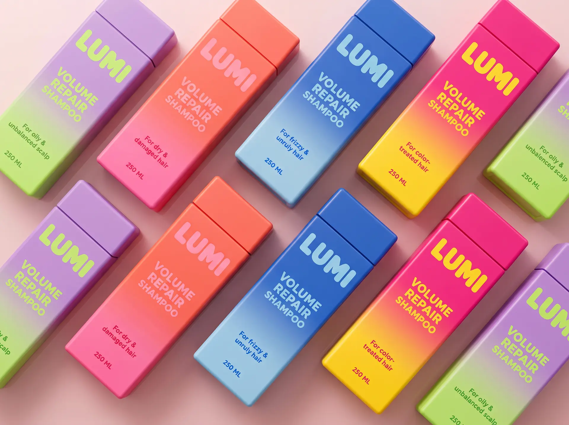 Flat lay grid of gradient LUMI shampoo bottles on a pink background
