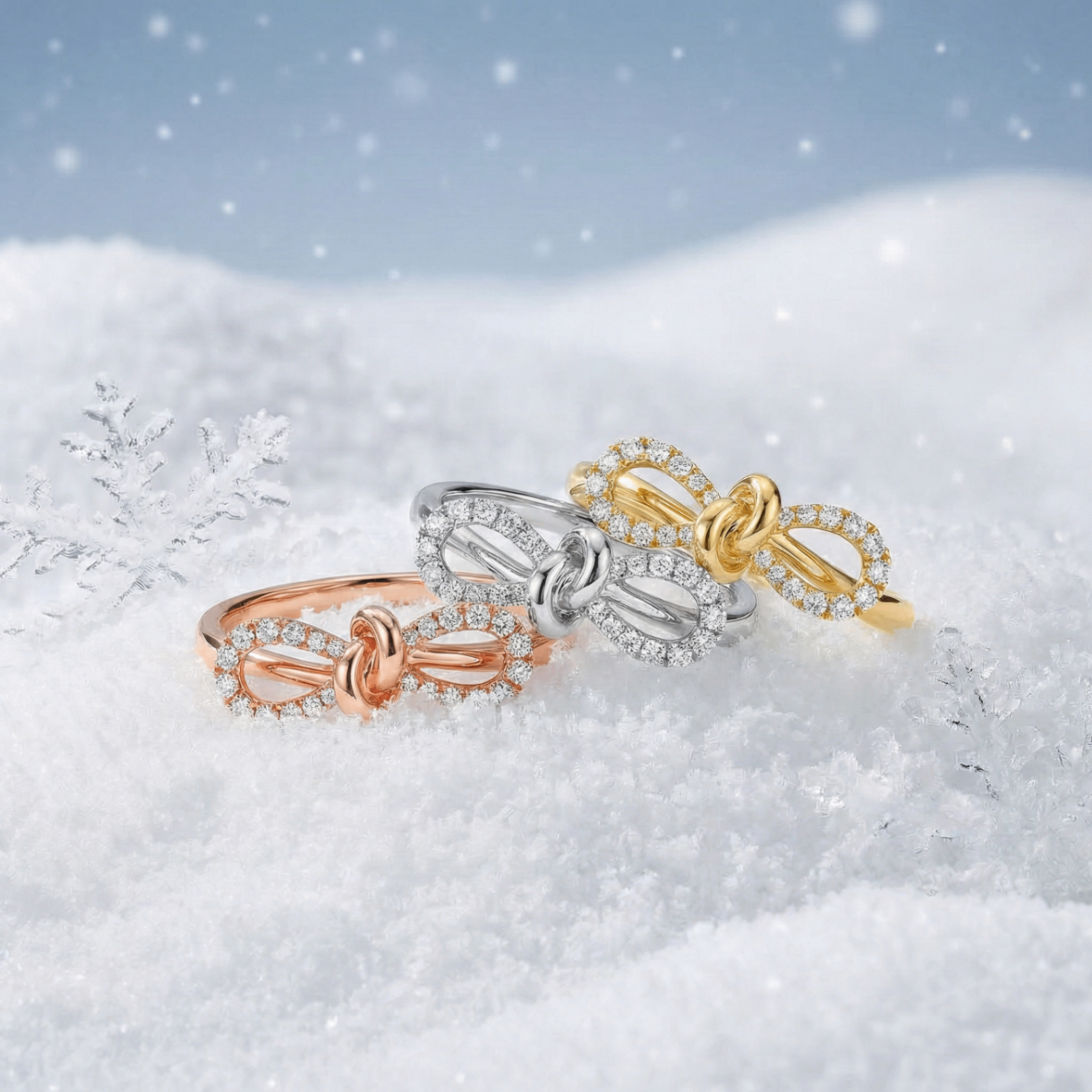 Three gold and diamond knot rings resting in fresh snow
