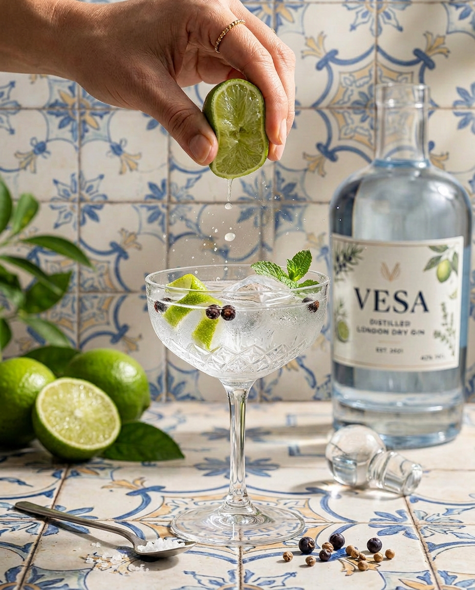 VESA gin bottle on a warm plaster wall backdrop with limes and cocktails
